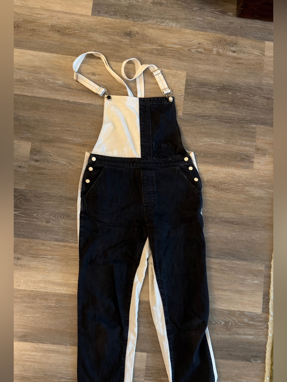 Guess Two-Tone Black and Cream Denim Overalls